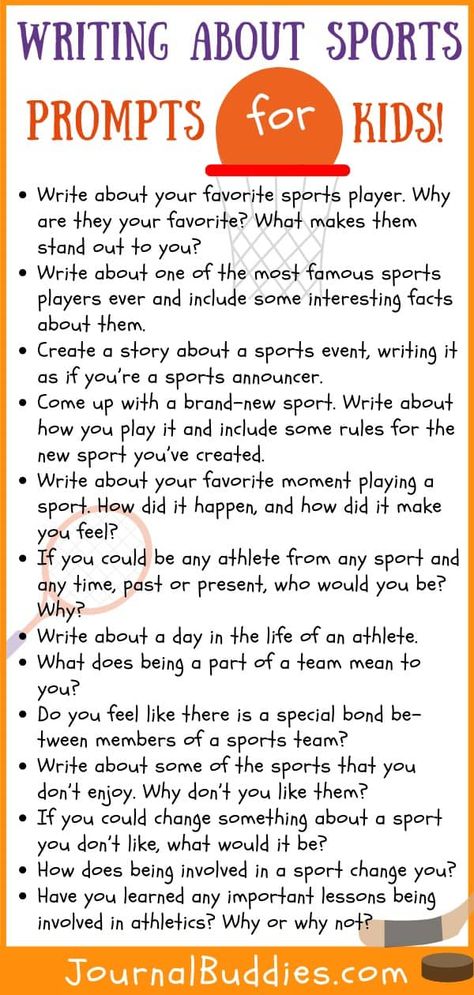 To help kids turn their love of sports into great writing, here are some excellent writing prompts to get them writing about sports. #sportswritingprompts #writingaboutsports #sportsjournalprompts #journalbuddies Sports Writing, Adapted Pe, Writer Resources, Homeschool Writing Prompts, Journal Prompts For Kids, 5th Grade Writing, Homeschool Writing, Free Printable Stationery, Daily Journal Prompts