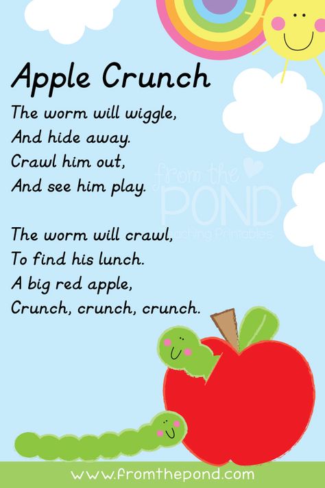 Finger Plays For Preschool, Preschool Apple Week, Caterpillar Song, Rhyming Poems For Kids, Poem For Kids, Preschool Poems, Preschool Apple Theme, Nursery Rhymes Lyrics, Preschool Lesson Plan Template