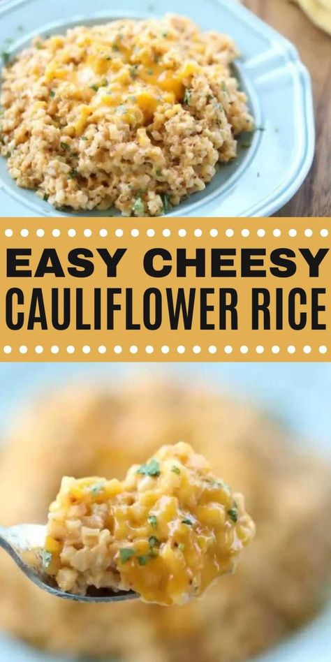 Easy Cheesy Cauliflower Rice Recipe (& VIDEO!) - Keto Cauliflower Rice Easy Cheesy Rice, Cheesy Cauliflower Recipes, Easy Cheesy Cauliflower, Cheesy Cauliflower Rice, Keto Side Dish, Cauliflower Rice Recipe, Recipe Rice, Keto Side, Cauliflower Rice Recipes