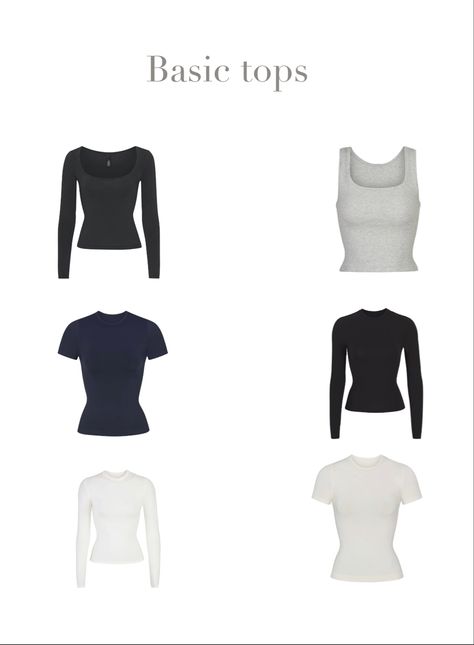 Basic Tops Essentials, Basics Essentials Clothes, Basic Wardrobe Staples, Basic Staples Outfits, Basic Tops Aesthetic, Clothing Basics List, Clothing Staples Wardrobe Basics, Clean Girl Tops, Comfy Basic Outfits