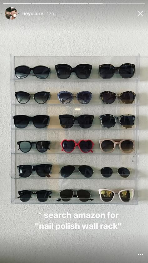 Sunglasses Rack Wall, Sunglasses Wall Display, Wall Sunglass Holder, How To Store Sunglasses, Sunglasses Holder Wall, Glasses Storage Ideas, Glasses Organization, Sunglasses Shelf, Sunglass Rack