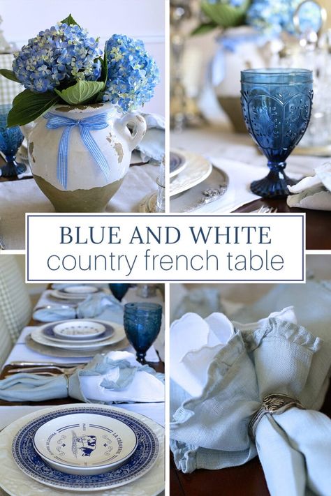 If you love the relaxed elegance of a country French table setting, you'll enjoy the look of this holiday table centered around blue and white plates. Blue And Cream Table Settings, French Dinner Party Table Setting, Blue Dining Table Decor, French Country Table Settings, Country French Table, French Table Decor, French Country Table Decor, French Table Setting, Blue And White Tablescapes