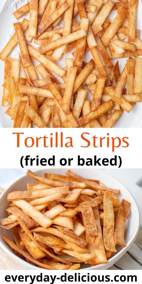 Homemade crispy tortilla strips are really easy to make and taste so much better than store-bought. You can use them as topping for soups or salads or just eat them as a snack (but be careful, it’s really hard to stop snacking on them!). Tortilla Strips For Soup, Homemade Tortilla Strips, Taco Night Recipes, Flour Tortilla Chips, Fried Tortilla Chips, Stop Snacking, Biscuits Recipes, Homemade Nachos, Baked Tortilla Chips