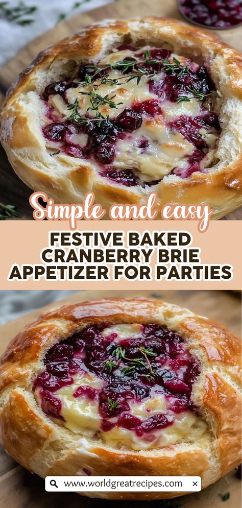 Discover the magic of a Baked Cranberry Brie Bread Bowl, a perfect appetizer for any occasion! This recipe features a warm, gooey brie surrounded by sweet-tart cranberries, all encased in a crusty artisan bread bowl. Impress your guests with this delicious and visually stunning dish that is surprisingly easy to make. Ideal for holiday parties or cozy family gatherings, serve it alongside fresh veggies or crackers for a delightful experience. Breakfast Brie Recipes, Brie Cheese Bread Bowl Recipes, Bread Bowl Brie, Baked Brie Bowl, Brie In A Bread Bowl, Brie Baked In Bread, Bread Bowl Dip Recipes Appetizer Ideas, Baked Bree With Cranberry, Brie And Crescent Roll Recipe