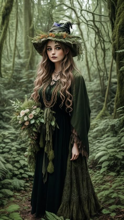 Medieval Sorceress Costume, Good Witch Photoshoot, Witch Costume 2023, Witch Outfit Aesthetic Halloween, Fall Witch Costume, Moss Witch Costume, Earthy Witch Costume, Witch Costume Inspiration, Hedge Witch Costume