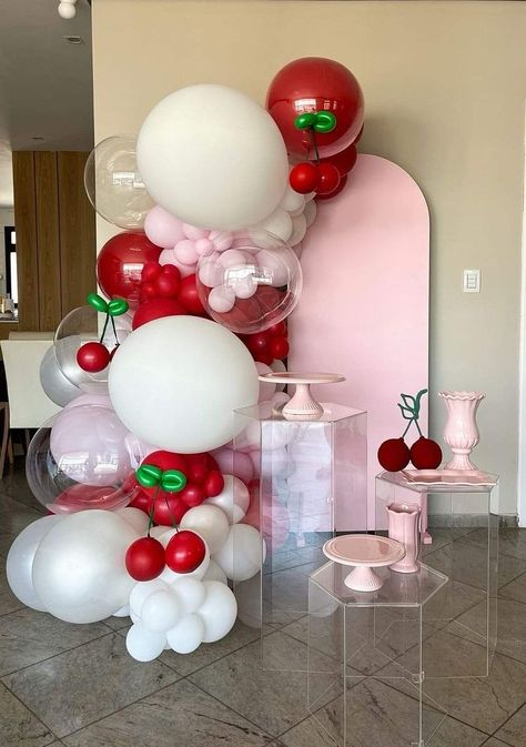 26 Birthday Decorations, Cherry Balloon Garland, Red Pink Birthday Theme, Cherry Decorations Party Ideas, Red And Pink Party Decorations, Pink And Red Party Decorations, Cherry Party Decorations, Cherry Themed Party, Cherry Birthday Party Theme