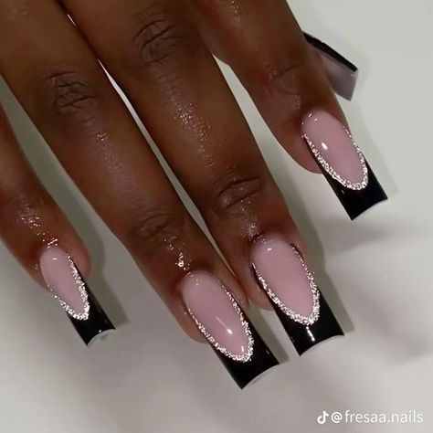 Nail Inspo For Black Prom Dress, Black French Tip Nails Glitter, Black French Tip With Glitter, Black Prom Nails, Black Acrylic Nail Designs, Black French Tip, Black Acrylic Nails, Hard Nails, Spring Nail Designs