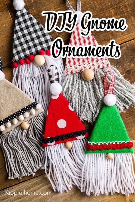 Easy DIY Gnome Ornaments tutorial includes a Free Pattern. Make these adorable gnome Christmas Tree Ornaments with scrap fabrics and trims. Handmade Gnomes Christmas Ornament, Gnome Tree Ornaments Diy, Christmas Fabric Decorations, Fabric Ornaments Diy, Gnome Christmas Tree Ornaments, Christmas Gnome Craft, Diy Gnome Ornaments, Gnome Christmas Ornaments, Gnome Christmas Tree