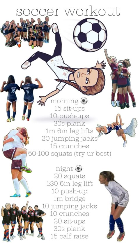 morning ⚽️: 15 sit-ups 10 push-ups 30s plank 1m 6in leg lifts 20 jumping jacks  15 crunches 50-100 squats (try ur best)  night ⚽️: 20 squats 1:30 6in leg lift  10 push-up 1m bridge  10 jumping jacks  10 crunches 20 sit-ups  30s plank  15 calf raises How To Get Better At Soccer At Home, Soccer Workouts Gym, Soccer Workouts For Beginners, Workouts For Football Players, Soccer Workouts At Home, How To Get Better At Soccer, Workouts For Soccer Players, Soccer Conditioning Workouts, Soccer Poster Ideas