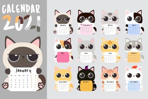 Kawaii neko cat new year 2021 calendar | Premium Vector #Freepik #vector #cute-calendar #2021-calendar #calendar-planner #year-planner Cat New Year, Modern Calendar Design, Desk Calendar Design, Calendar Design Template, Table Calendar, Creative Calendar, Cat Calendar, Calendar Poster, Cute Calendar