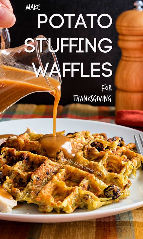 Waffles made from potatoes and flavored with your favorite stuffing ingredients? So good! Start with shredded raw potato and mix all the ingredients together. Cook on your waffle iron and in just a few minutes, you'll have stuffing waffles that double as a great place to put your turkey for turkey and waffles! Looking to make Thanksgiving low-stress this year? These potato stuffing waffles can help! #potatowaffles #stuffingwaffles #potatostuffingwaffles #Thanksgiving #sidedish #pastrychefonline Stuffing Waffles, Potato Waffle Recipe, Thanksgiving Sidedish, Potato Stuffing, Turkey Gravy From Drippings, Thanksgiving Brunch, Potato Waffles, Stuffing Ingredients, Waffle Maker Recipes