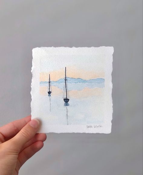 Watercolor Sailboat Tutorial, Sailboat Watercolor Easy, Watercolor Gifts Ideas, Watercolor Sailboat Simple, Watercolor Postcards Ideas, Sailboat Painting Watercolor, Mini Watercolor Paintings, Acrylic Mini Painting, Sailboat Watercolor