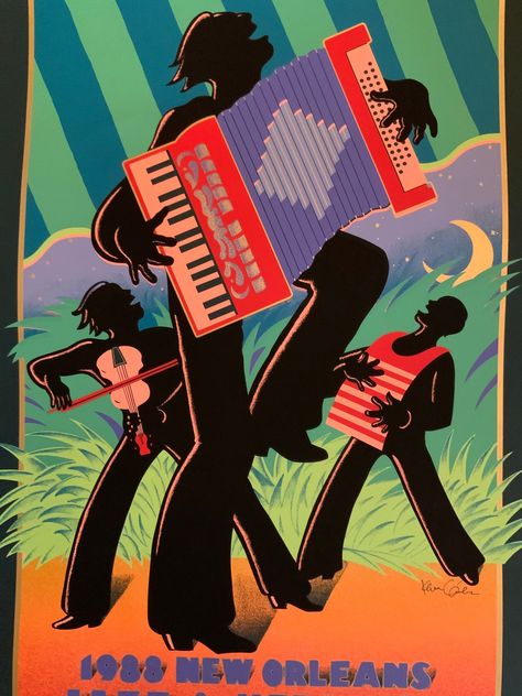 Jazz and Heritage Festival poster from 1988 by Kevin Combs.  Original New Orleans Jazz Fest poster number 12275 of 12500.  Great colors really POP: Red, Orange, Greens, Black.  Accordion and Fiddle and Washboard players. New Orleans Graphic Design, New Orleans Jazz Fest, Fest Poster, Jazz Festival Poster, New Orleans Jazz, Jazz Fest, Festival Poster, Typographic Poster, Jazz Festival