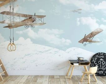 Airplane mural | Etsy Airplane Mural, Exciting Wallpaper, Peel N Stick Wallpaper, Vibrant Wallpaper, Whimsical Wallpaper, Kindergarten Wallpaper, Amazing Wallpaper, Kids Room Wallpaper, Blue Backdrops