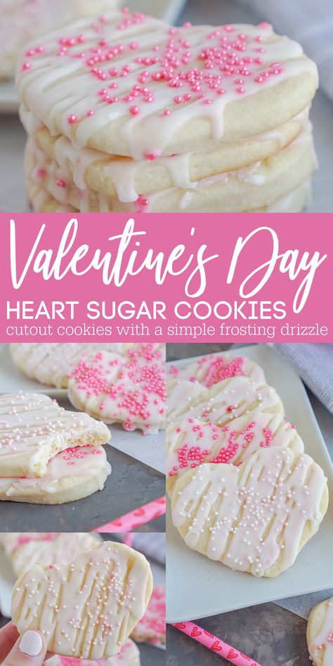 Sugar Cookie Recipe Valentines Day, Valentine Cookie Ideas Simple, Valentine Iced Sugar Cookies, Heart Cutout Cookies, Valentine Heart Sugar Cookies, Valentines Day Cut Out Cookies, Simple Valentines Cookies, Heart Cut Out Cookies, Valentine Day Sugar Cookies