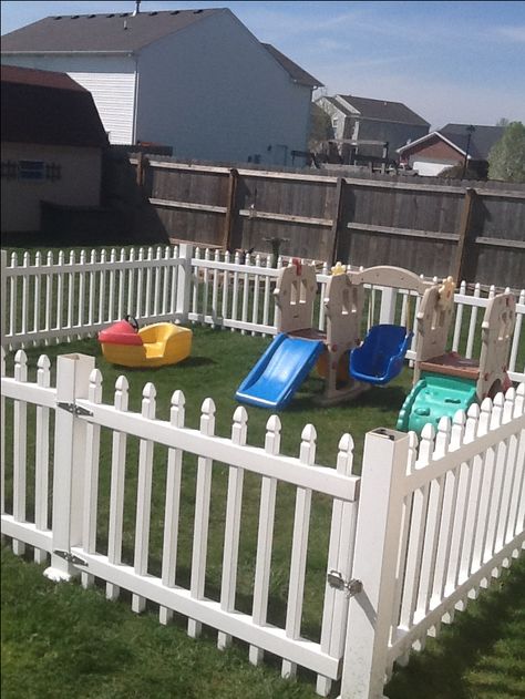 Our new play area , fence within a fence. The toddlers play in here to keep them safe from swings and climbing up the bigger playground equipment Toddler Outdoor Play, Outdoor Kids Play Area, Toddler Play Area, Kids Backyard, Play Area Backyard, Backyard Kids Play Area, Toddler Outdoor, Privacy Fence Designs, Outdoor Play Areas