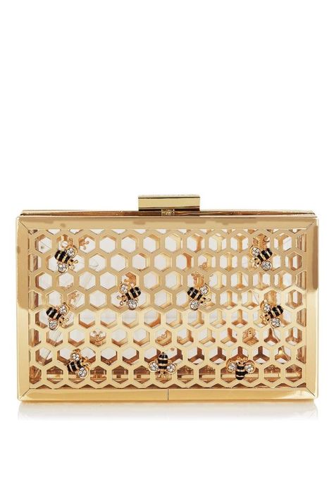 A hive-tacular clutch bag. | 21 Things You Need If You're Obsessed With Bumble… Beige Purse, Metallic Handbags, Beige Purses, Gold Purse, Beige Handbags, Bee Inspired, Metallic Purse, Gold Clutch, Gold Handbags