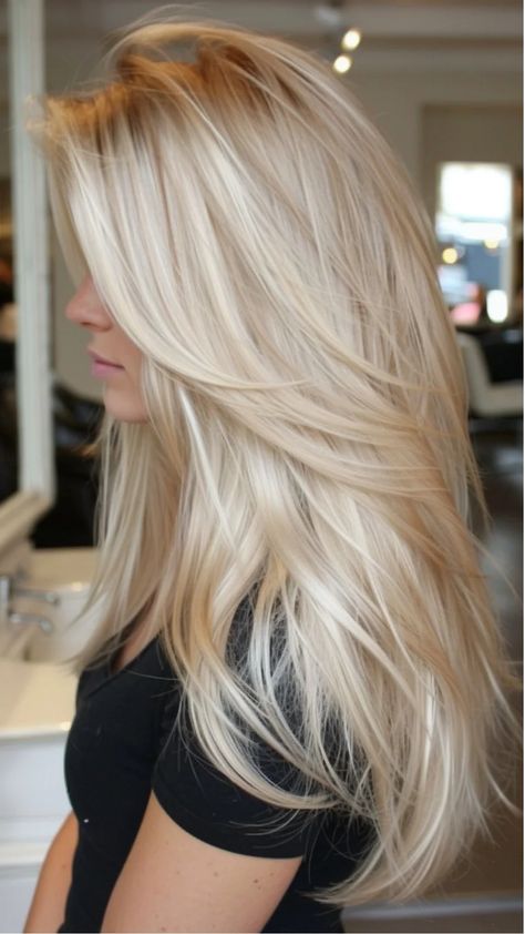 Woman with long, layered platinum blonde hair in a salon. Hair Ideas For Summer Color, Bright Blonde Layered Hair, Beautiful Haircuts For Long Hair, Bombshell Blonde Hair, Blond Hair Ideas For Summer, Hair Inspo 2024, Bright Blonde With Dimension, Long Bangstyle Hair, Blonde Hair Warm Tones