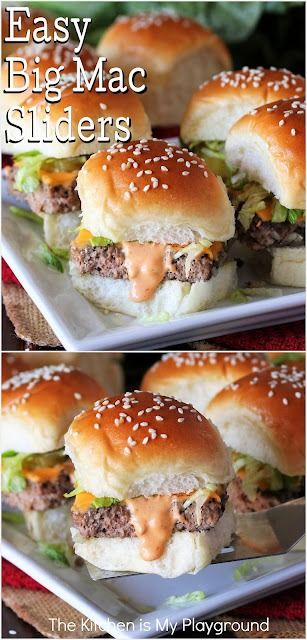 Big Mac Sliders ~ Enjoy the classic flavors of a Big Mac in adorable little slider form! Serve them up as an easy dinner main dish, or as a perfectly delicious party and game day snack.  www.thekitchenismyplayground.com Small Sandwiches For Party, Hamburger Ideas, Big Mac Sliders, Easy Slider Recipes, Big Mac Salad, Super Easy Dinner, Burger Sliders, Tailgating Recipes, Summer Meals