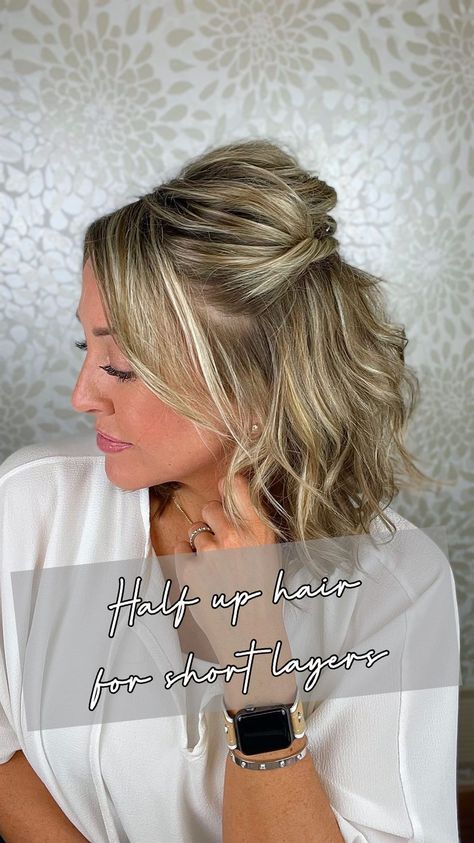 Fun Half Up Half Down Hairstyles For Short Hair, Short Hairstyle Women Pictures, Med Length Hair Half Up Half Down, Half Up Dos For Shoulder Length Hair, Half Up Short Curly Hairstyles, Different Ways To Style Shoulder Length Hair, Short Hair Half Updo Easy, Half Up Dos For Medium Hair With Bangs, Easy Semi Formal Hairstyles Short Hair