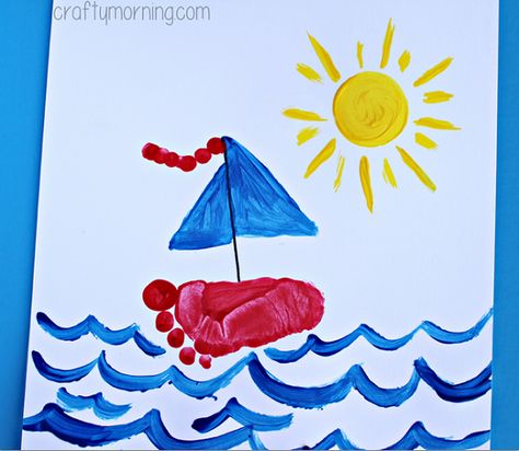 Have your kids make these cute footprint sailboat crafts! It's the perfect art project in the summer or learning about boats. All you need is paint and a marker. Sailboat Craft, Hand Print Art, Summer Crafts For Toddlers, Footprint Craft, Transportation Crafts, Boat Crafts, Baby Art Projects, Footprint Crafts, Summer Crafts For Kids