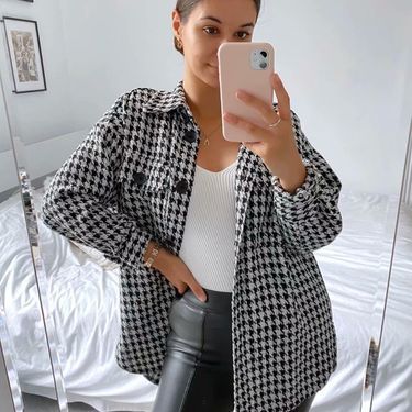 SEARCH RESULTS FOR 'Woolen jacket owersaze' Tweed Shirt, Womens Sweater Coats, Autumn Outwear, Houndstooth Coat, Vegan Leather Leggings, High Street Fashion, Loose Shirts, Plaid Fashion, High Fashion Street Style