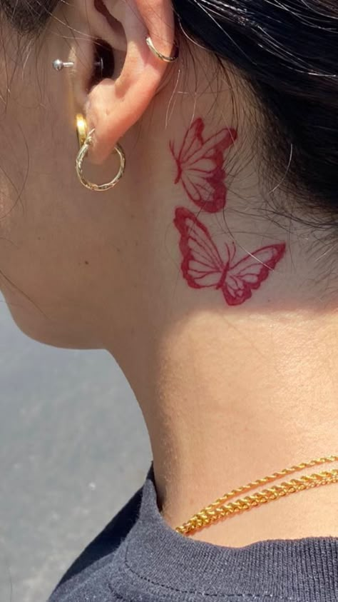 Tattoo Ideas Neck, Butterfly Neck Tattoo, Red Tattoo Ideas, Small Neck Tattoos, Tattoos Hand, Behind Ear Tattoos, Girl Neck Tattoos, Side Neck Tattoo, On Tattoo