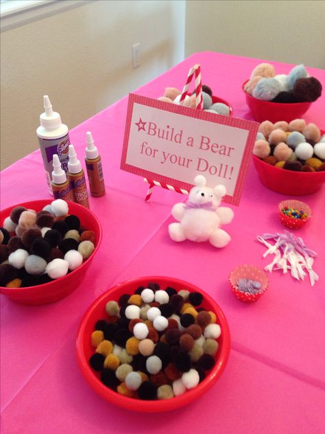 American girl doll party craft station Dolly And Me Tea Party, Our Generation Doll Birthday Party Ideas, Dolly And Me Birthday Party, American Girl Doll Party Ideas, American Girl Themed Birthday Party, American Girl Party Ideas, Ag Doll Crafts Diy, Baby Doll Birthday Party, Doll Themed Birthday Party