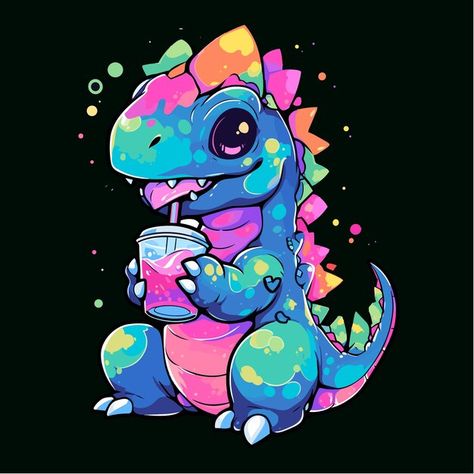 Dino Tattoo, Dino Drawing, Dragon Vector, Kawaii Dinosaur, Kawaii Animals, Boba Tea, Bubble Tea, Drinking Tea, The Land