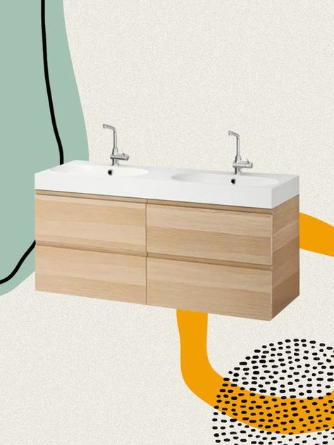 The 10 Best IKEA Bathroom Vanities Will Open Up Your Small Bathroom Ikea Double Sink, Bathroom Storage Ikea, Small Double Vanity Bathroom, Ikea Tornviken, Small Double Vanity, Ikea Bathroom Furniture, Bathroom Decor Cheap, Ikea Bathroom Shelves, Bathroom Cabinets Ikea