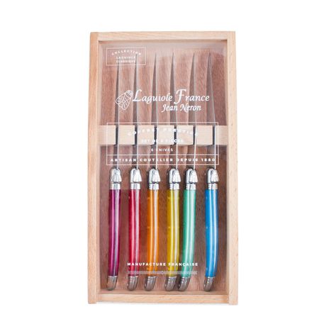 Laguiole Rainbow Knives in Wooden Box with Acrylic Lid (Set of 6) – BURKE DECOR Rainbow Knife, Laguiole Cutlery, Laguiole Knife, Steak Knife Set, Steak Knives, Knife Set, Burke Decor, Wooden Storage, Wooden Tray