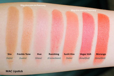 MAC Lipsticks swatches (Siss, Freckle Tone, Hue, Ravishing, Sushi Kiss, Vegas Volt, Morange) Mac Must Haves, Mac Vegas Volt, Mac Lipstick Collection, Mac Lipstick Swatches, Mac Lipsticks, Kiss Lipstick, Mac Lips, Proper Skin Care, Lip Swatches