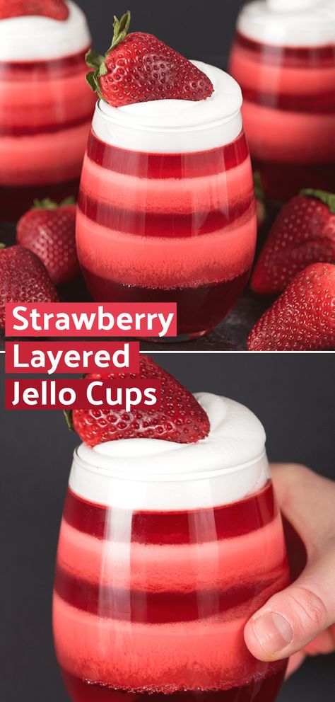 Layered Strawberry Jello Cups - the most popular jello cups on pinterest! You have to see these! They are the perfect Valentine’s Day dessert, kids will love them! Scale them down using smaller cups. Strawberry Jello Cups, Valentines Desserts, Jello Dessert, Layered Jello, Jello Cups, Jello Dessert Recipes, Kids Valentines Day, Dessert To Make, Jello Desserts