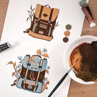 Rosa F (@rosies.sketchbook) • Instagram photos and videos Backpack Illustration, Backpack Art, Gouache Art, Shop Art Prints, Art Corner, Sketchbook Art Journal, Art Painting Gallery, Fall Color Palette, Easy Diy Art