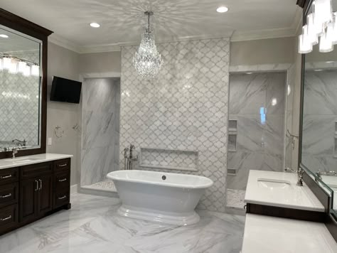 Bathtub Tile Accent Wall, Tiled Wall Behind Freestanding Tub, Bathtub Focal Point, Bathtub With Shower Behind, Bath Tub Feature Wall, Shower Behind Bathtub, Shower Behind Tub Wall, Tile Wall Behind Tub, Tub With Shower Behind It