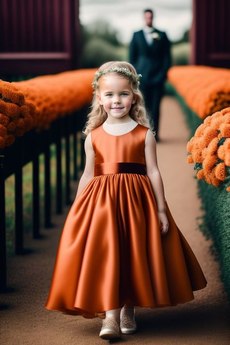 Burnt Orange Flower Girl Dresses, Mesa Snack, Orange Flower Girl Dress, Fall Wedding Flower Girl, Wedding Motif, Boho Wedding Colors, Fall Wedding Bridesmaids, Rusting Wedding, Western Themed Wedding