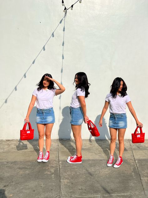 Red Low Top Converse Outfit, What To Wear With Red Converse, Outfits With Red Converse High Tops, Converse Bota Outfit, Red Chuck Taylors Outfit, Red High Top Converse Outfit, Red Denim Outfit, Red Chucks Outfit, Red Converse Outfit Ideas