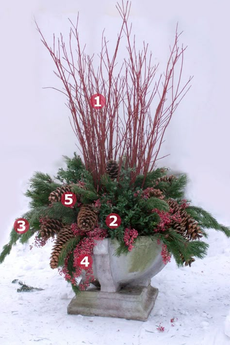 Great way to use garden finds and natural materials! Beautiful...Container Plantings for Wintry Settings | Fine Gardening Winter Urns, Winter Pots, Winter Containers, Winter Container Gardening, Porch Pots, Winter Planters, Christmas Urns, Twig Dogwood, Holiday Planter