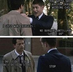 Dean and Castiel | Destiel humor Destiel Wedding, Supernatural Ships, Dean And Cas, Dean And Castiel, Supernatural Pictures, Punch In The Face, Supernatural Destiel, Supernatural Memes, Supernatural Funny