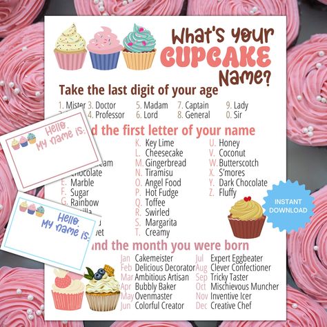 "Make your Cupcake themed party extra fun with this printable game plus sign and name tag template! Perfect for all ages.  Perfect for the adults and kids. This is a digital download. Print as many times as you need! 1 game and 1 name tag template included in size US Letter. To Use: - Download your game from your Etsy purchases from your computer - Print your game (print name tags on sticker backed paper, print, and cut for easy use!) - Have fun! INSTANT DOWNLOAD: This is a digital product. No p Cake Bday, Classroom Party Games, Name Tag Templates, Cupcake Birthday Party, Birthday Party Game, Name Game, Cupcake Birthday, Avery Labels, Name Games