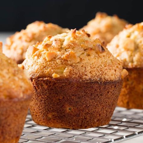 Banana Muffins with Coconut and Macadamia | America's Test Kitchen Banana Coconut Muffins, Cooks Illustrated Recipes, Donut Toppings, Caramel Chocolate Bar, Peanut Butter Banana Muffins, Banana Sandwich, Coconut Muffins, Cookie Toppings, Banana Muffin Recipe