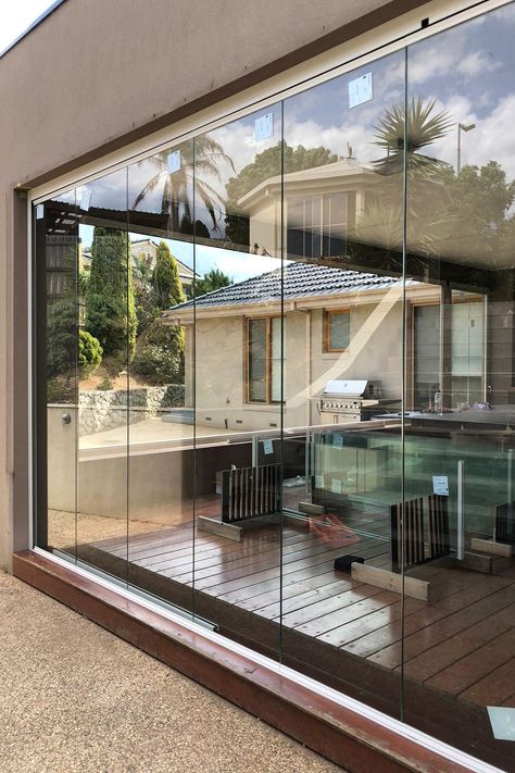 Glass Doors Exterior, Folding Glass Patio Doors, Frameless Sliding Doors, Frameless Glass Doors, Glass Doors Patio, Folding Glass Doors, Balcony Ideas Apartment Outdoor, Exterior Doors With Glass, Doors Exterior