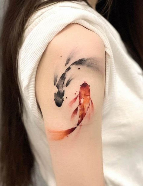 Fish Shoulder Tattoo, Koi Fish Shoulder Tattoo, Koi Fish Tattoo Ideas, Koi Fish Drawing Tattoo, Fish Tattoo Ideas, Coy Fish Tattoos, Koi Fish Tattoos, Black Koi Fish, Carp Tattoo