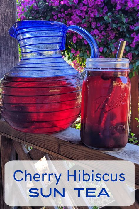 Cherry hibiscus sun tea is a refreshing summer drink made with hibiscus flowers, fresh cherries, and zero calorie erythritol. Hibiscus Sun Tea, Sun Tea Recipe, Sun Tea Recipes, List Of Drinks, Hibiscus Drink, Lychee Tea, Cucumber Drink, Coconut Tea, Cherry Drink