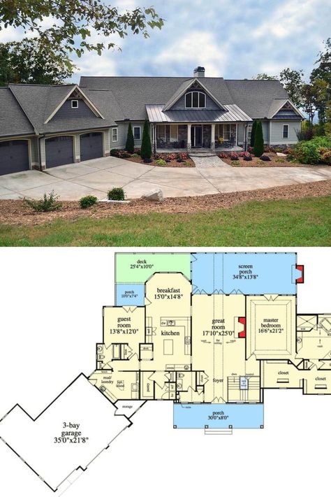 View of the lovely craftsman exterior, garage, driveway, and front yard landscaping of this one story mountain house plan for sloped lots. It has 5 bedrooms, 4.5 bathrooms, and photos of luxury elegant ranch interior. Get this over 2500 sq ft floor plan, home layout and blueprint at: https://www.architecturaldesigns.com/house-plans/mountain-ranch-with-walkout-basement-29876rl?cjevent=f5ff41c3e20911ea8305004f0a180512 #MountainHousePlans #SlopedLotHousePlans #HousePlans Ranch Style With Basement Floor Plans, Walk In Basement House Plans, House Floor Plans One Level 3000 Sq Ft, Walkout Ranch Floor Plans, Ranch On Basement Floor Plans, 2 Story House With Walk Out Basement, Angle House Plans, Walkout Basement Ranch House Plans, Hillside Ranch House Plans