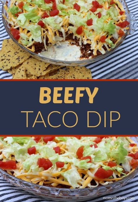 Taco Dip On Pizza Pan, Taco Dip Tray, Beefy Taco Dip, Taco Dip With Hamburger, Taco Dip No Beans, Taco Dip Recipe With Ground Beef, Ground Beef And Cream Cheese, Hearty Dips, Beef Taco Dip