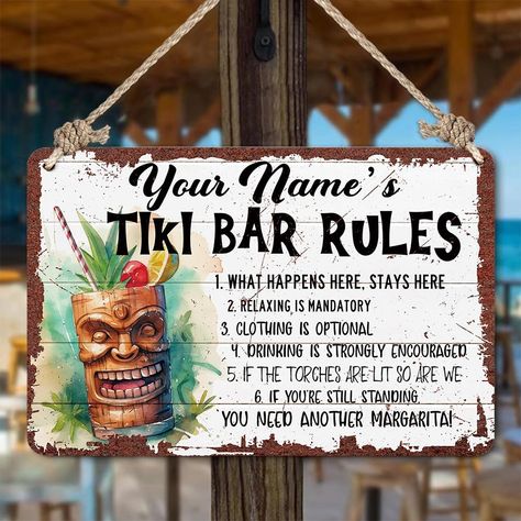 PRICES MAY VARY. 【Tiki Bar Decorations Patio Sign】The design of tiki bar accessories sign is the perfect combination of vintage and adorable. Makes a fun addition to beach, bar, pool deck, backyard, patio, porch. Easy to read, cute summer colors. Cool looking sign, perfect combination for your outdoor Tiki bar. 【Higher Quality Material】The tiki bar decor beach signs artwork use environmentally friendly ink and quality high grade tin with rounded corners, with layered spraying, the colors are del Tiki Bar Signs Diy, Tiki Bars Backyard, Bar Rules, Outdoor Tiki Bar, Tiki Bar Signs, Summer Accessories Beach, Backyard Parties, Poolside Bar, Tiki Bar Decor