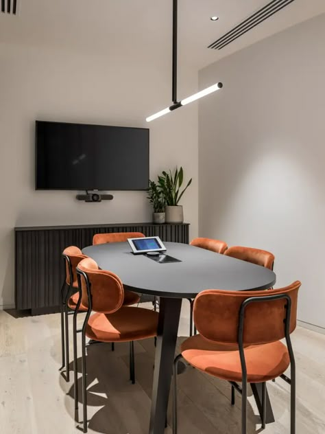 Small Corporate Office Design Interior, Cool Meeting Room Ideas, Mid Century Commercial Office, Conference Room Coffee Station, Team Office Space Ideas, Video Conference Room Design, Small Breakroom Ideas Work, Small Meeting Room Design, Small Conference Room Design