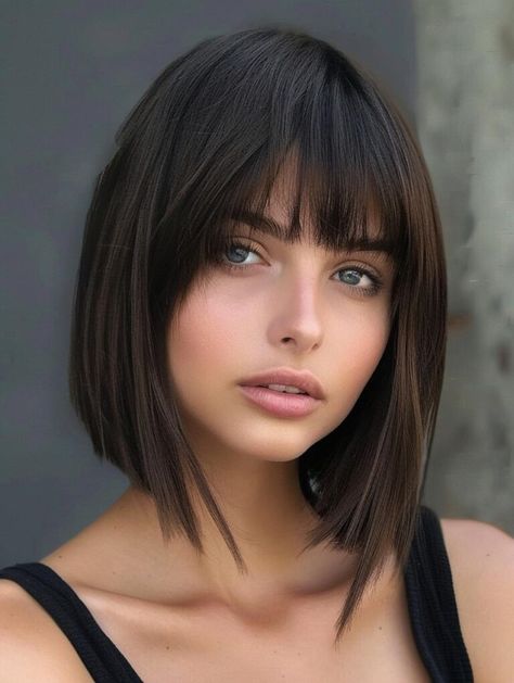 Explore Trendy Bob Hairstyles with Bangs for Fresh and Stylish Looks Dark Long Bob With Bangs, Katie Holmes Bob With Bangs, Square Bob With Bangs, Curtain Bangs Medium Bob, Above Shoulder Bob With Bangs, A Line Bangs, Long Bob Bangs Round Face, Middle Part Bob With Bangs, Dark Hair Bob With Bangs