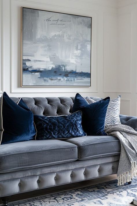 29 Dark Grey Couch Living Room Ideas for Sophisticated Style 4 Gray Sofa Styling, Couch Styles, Blue Accents Living Room, Grey Couch Living Room Ideas, Dark Grey Sofa Living Room, Dark Grey Couch, Dark Grey Couch Living Room, Dark Blue Sofa, Dark Grey Couches